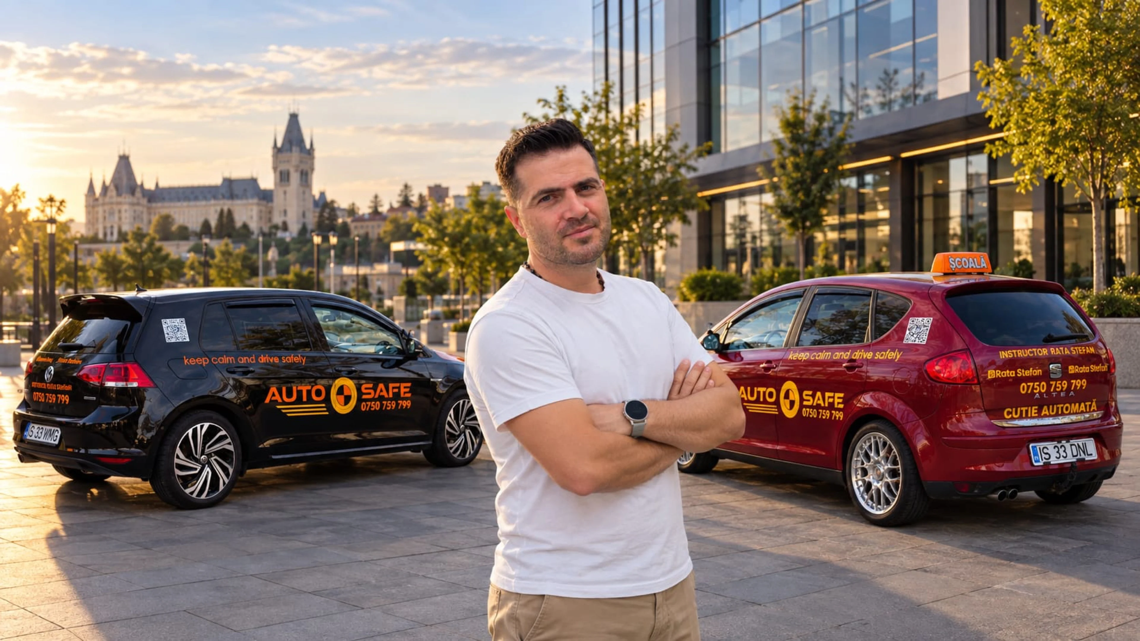 Ștefan Rață alături de mașinile AutoSafe Driving în Iași